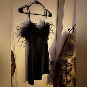 Black Feather Trim Mini Dress